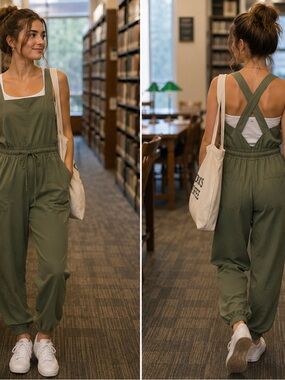 Olive Green Utility Jumpsuit Jogger One Piece Square Neck Cross Back Size S